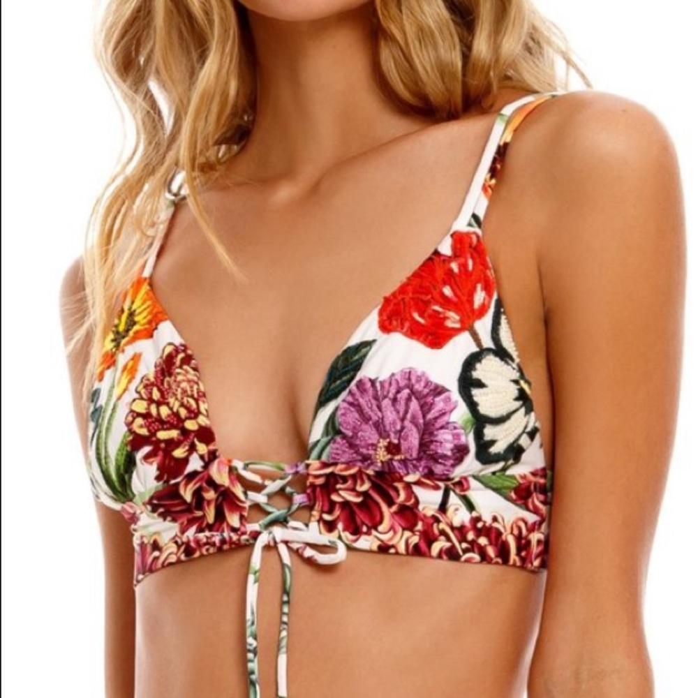 Agua Bendita Floral Lace-Up Bikini Top